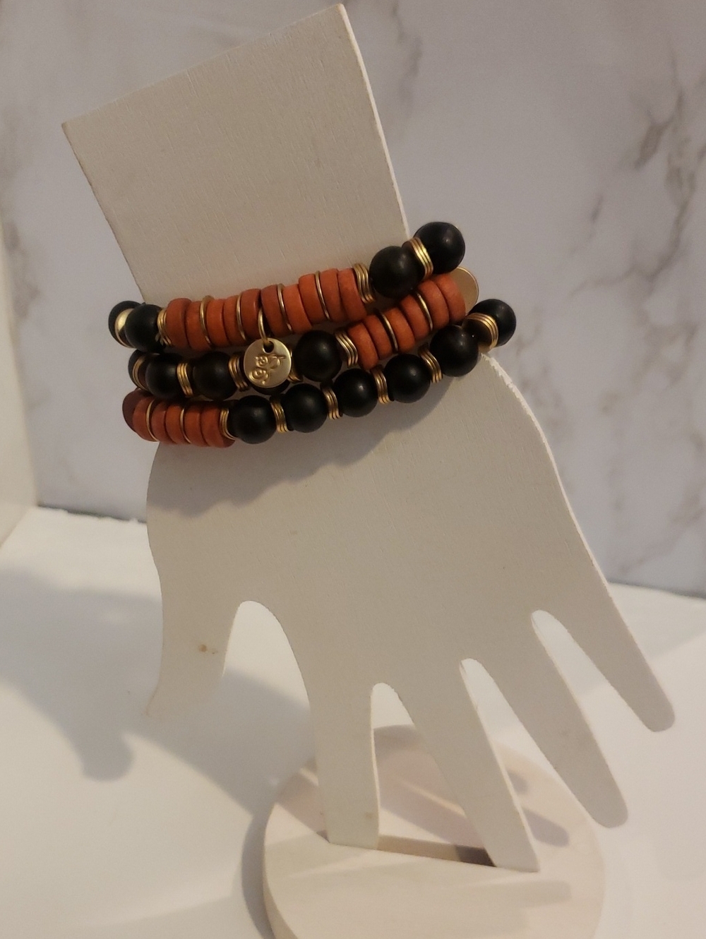 Black and Gold Beaded Stretch Bracelet Set, 3pcs